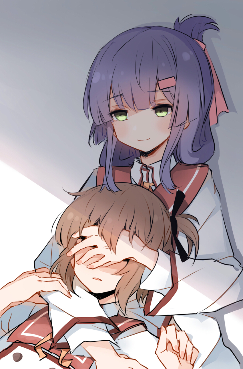 2girls blunt_bangs brown_hair closed_mouth collared_shirt commentary_request covering_another&#039;s_eyes empty_eyes etou_kanami folded_ponytail green_eyes hair_ribbon highres hug hug_from_behind jacket lionet0806 long_hair long_sleeves minoseki_gakuin_uniform multiple_girls one_side_up parted_lips purple_hair red_sailor_collar ribbon sailor_collar school_uniform shade shirt short_hair simple_background smile toji_no_miko white_jacket white_shirt winter_uniform yanase_mai yuri