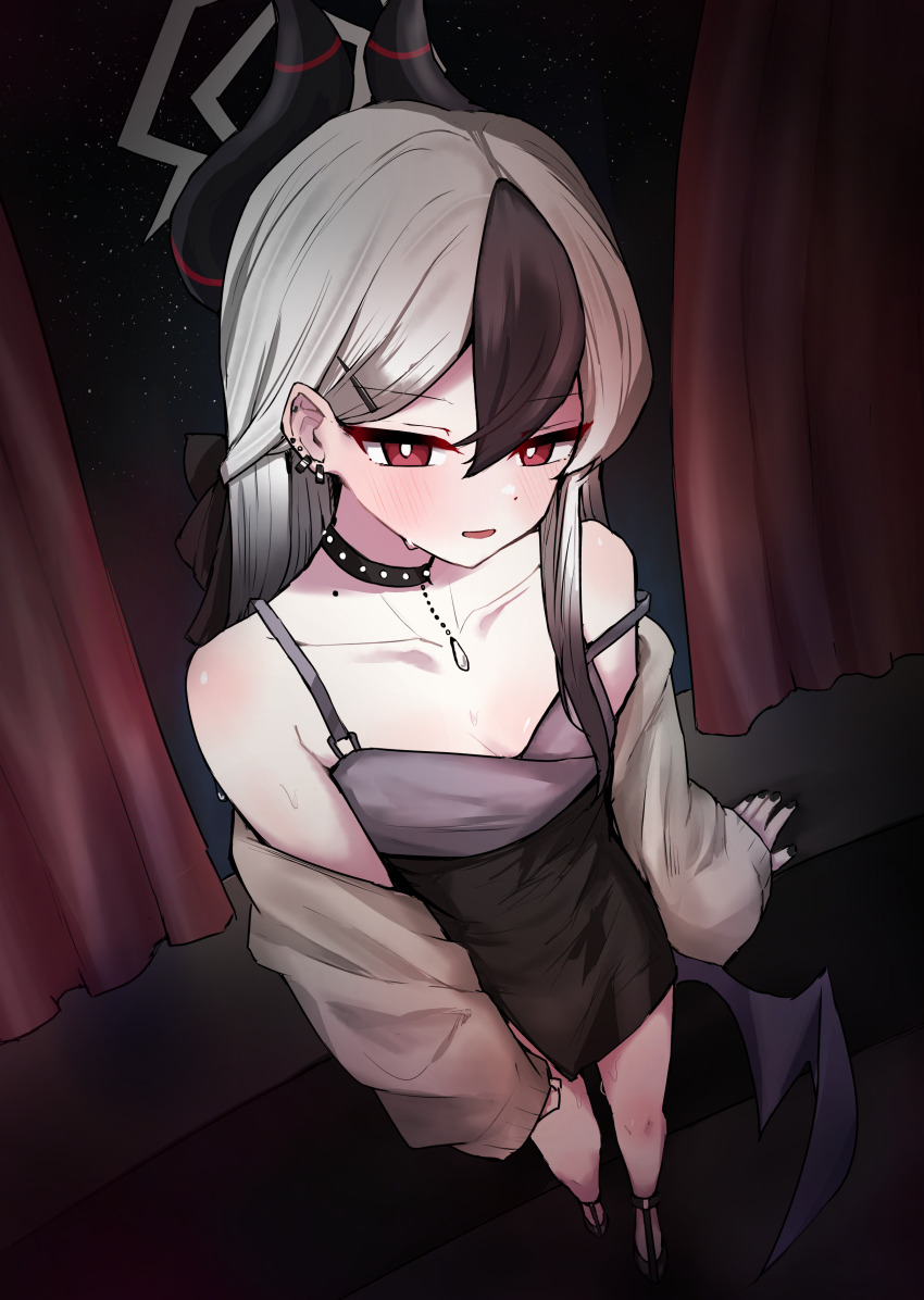 1girl absurdres bare_shoulders black_dress black_hair black_shoes blue_archive cardigan demon_girl demon_horns demon_wings dress ear_piercing grey_cardigan hair_behind_ear hair_between_eyes highres horns kayoko_(blue_archive) kayoko_(dress)_(blue_archive) long_hair looking_at_viewer multicolored_hair official_alternate_costume official_alternate_hairstyle piercing pueichigo red_eyes shoes single_wing solo two-tone_hair white_hair wings