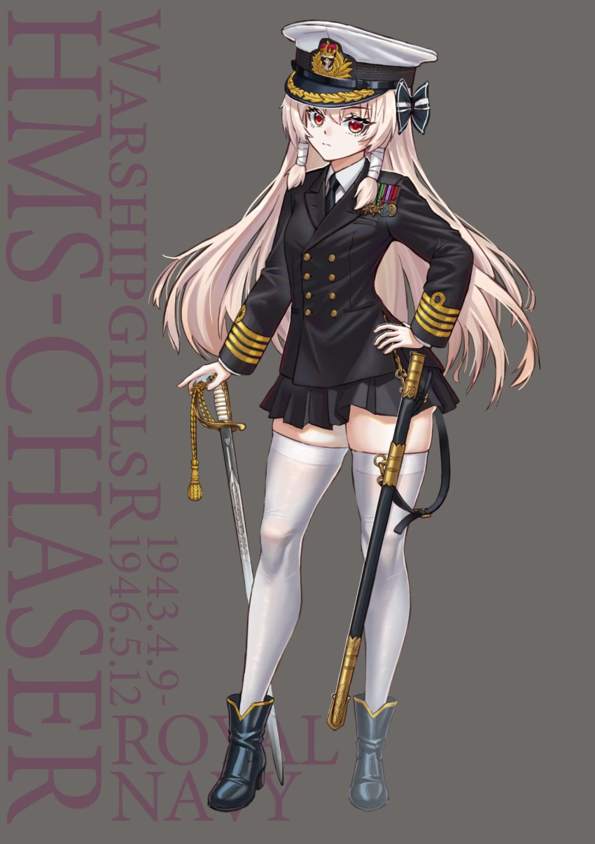 1girl black_boots black_bow black_jacket black_skirt blonde_hair boots bow breasts character_name chaser_(warship_girls_r) copyright_name full_body hair_bow hand_on_hilt hat high_heel_boots high_heels highres huihuang_rongyao jacket long_hair long_sleeves looking_at_viewer military_uniform miniskirt peaked_cap pleated_skirt red_eyes royal_navy scabbard sheath skirt small_breasts solo standing sword thighhighs very_long_hair warship_girls_r weapon white_thighhighs