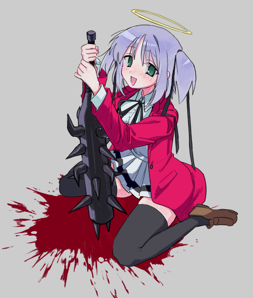 1girl black_thighhighs blood bokusatsu_tenshi_dokuro-chan excalibolg green_eyes grey_background halo highres jacket looking_at_viewer mitsukai_dokuro purple_hair red_jacket shirt sitting skirt solo spiked_bat thighhighs ushitaberu white_shirt white_skirt