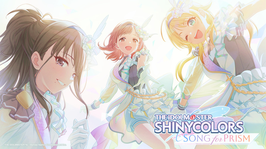 3girls absurdres ahoge asymmetrical_sleeves black_hair blonde_hair blue_eyes brown_eyes brown_hair gloves hachimiya_meguru hair_ornament hairband highres idolmaster idolmaster_shiny_colors idolmaster_shiny_colors_song_for_prism illumination_stars_(idolmaster) kazano_hiori long_hair looking_at_viewer low_twintails mole mole_under_mouth multiple_girls official_art one_eye_closed open_mouth ponytail sakuragi_mano see-through_clothes see-through_sleeves shorts smile twintails white_gloves