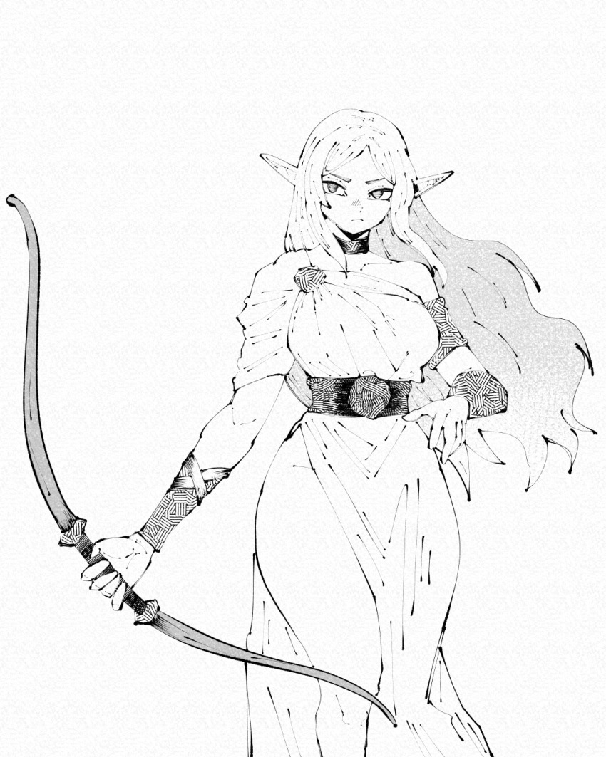 1girl bow_(weapon) choker dress elf frown girdle highres long_hair miregeist original pointy_ears simple_background sketch solo vambraces weapon wide_hips