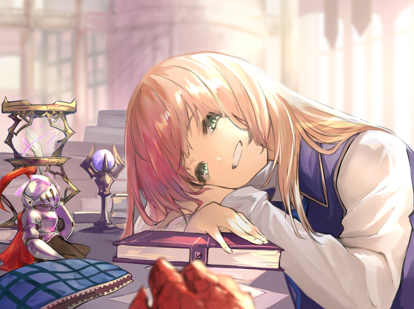 2girls anne_(shingeki_no_bahamut) arm_pillow backlighting blonde_hair blue_necktie book female_pov granblue_fantasy grea_(shingeki_no_bahamut) green_eyes grin highres long_hair looking_at_viewer manaria_friends miniature multiple_girls necktie nos_(nos_tsn) out_of_frame paper pencil_case pov pov_hands red_scales shingeki_no_bahamut shirt sitting smile solo_focus table vest white_shirt