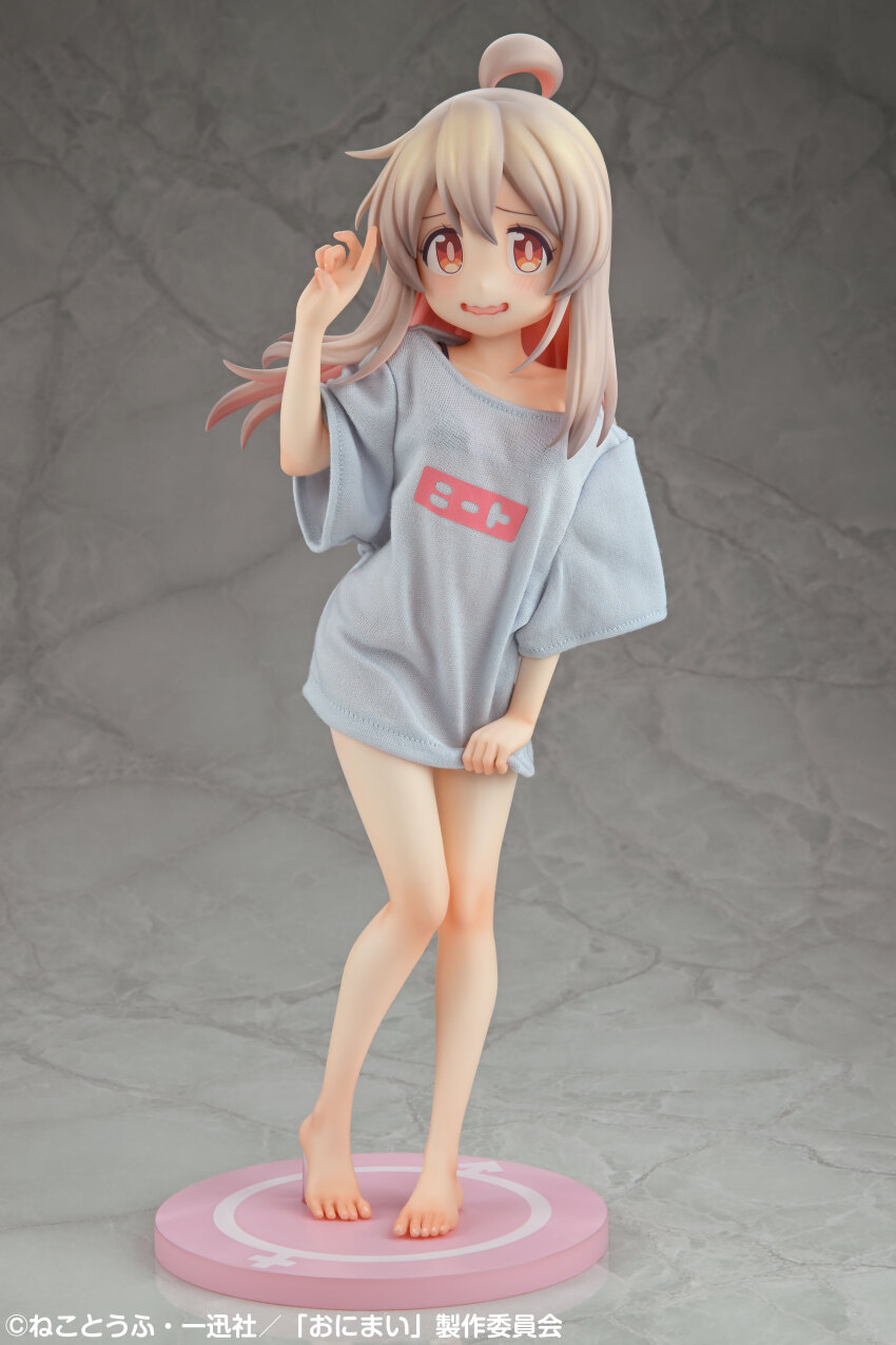 1girl absurdres ahoge bare_legs barefoot blue_shirt collarbone figure figure_(medium) full_body hair_between_eyes highres knees long_hair looking_at_viewer naked_shirt no_pants official_art onii-chan_wa_oshimai! open_mouth oversized_clothes oyama_mahiro photo_(medium) red_eyes shirt shirt_tug short_sleeves solo standing t-shirt wide_sleeves