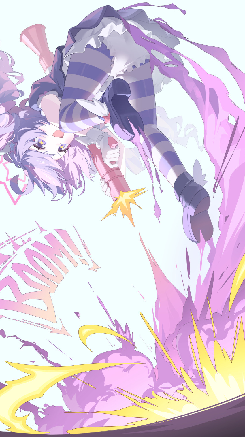 absurdres ahoge blue_archive drill_hair explosion frilled_shorts frills gloves halo highres holding holding_rocket_launcher holding_weapon joykoygo jumping magical_girl multicolored_hair pink_halo reisa_(blue_archive) reisa_(magical)_(blue_archive) rocket_launcher rpg rpg-7 rpg_(weapon) shoes shorts smile star-shaped_pupils star_(symbol) star_halo symbol-shaped_pupils twin_drills two-tone_hair two-tone_pantyhose weapon white_background white_gloves white_shorts winged_shoes wings