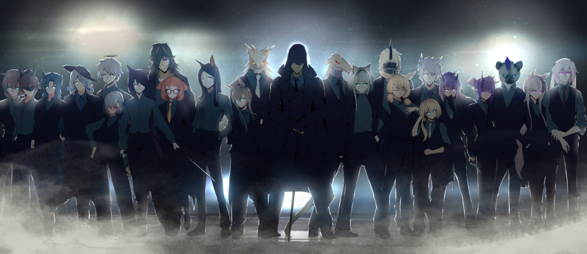 12f_(arknights) 6+boys 6+girls absurdres adnachiel_(arknights) amiya_(arknights) ansel_(arknights) arknights beagle_(arknights) black_neckwear blue_eyes cane cardigan_(arknights) catapult_(arknights) chinese_commentary closed_mouth covered_eyes dobermann_(arknights) doctor_(arknights) durin_(arknights) dust everyone faceless faceless_male fang_(arknights) fingerless_gloves formal_clothes full_body gloves group_picture hibiscus_(arknights) highres holding holding_sword holding_weapon incredibly_absurdres kal&#039;tsit_(arknights) kroos_(arknights) lava_(arknights) mafia melantha_(arknights) midnight_(arknights) multiple_boys multiple_girls noir_corne_(arknights) orchid_(arknights) popukar_(arknights) purple_eyes rangers_(arknights) spot_(arknights) steward_(arknights) suit sword tierla weapon white_neckwear yato_(arknights) yellow_eyes