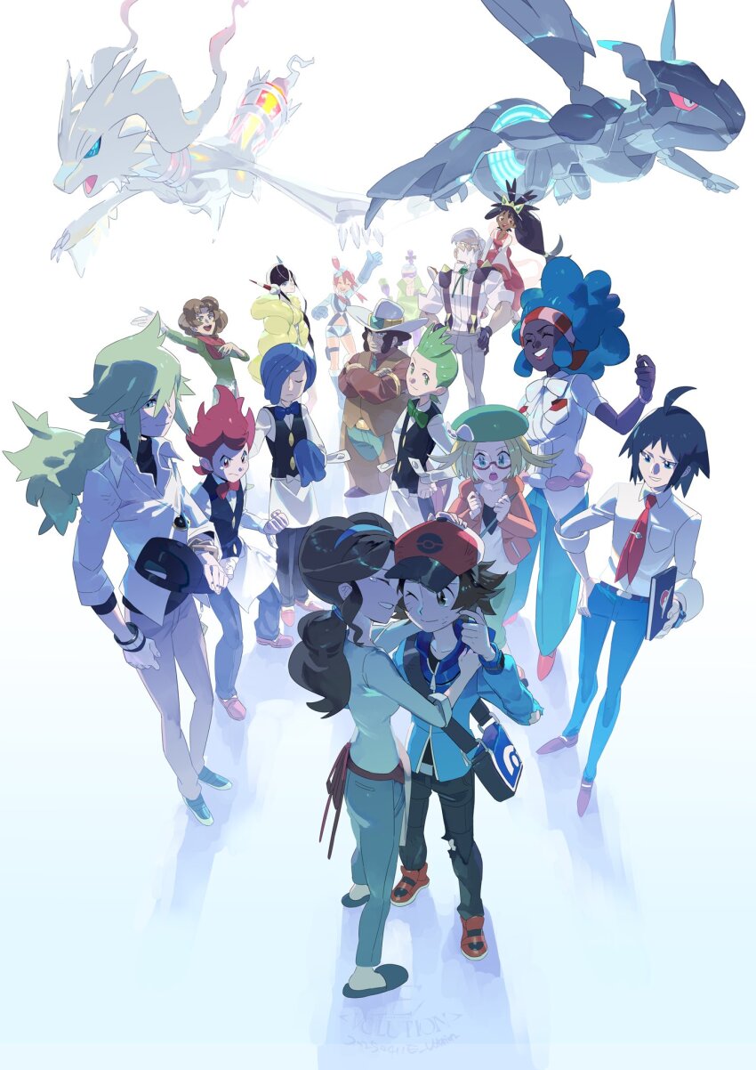 6+boys 6+girls ahoge apron arm_up bangle beard belt belt_buckle bianca_(pokemon) black_hair black_hat black_vest blue_hair blue_hairband blue_pants boots bow bracelet brown_hair brown_shirt brown_vest brycen_(pokemon) buckle burgh_(pokemon) cheren_(pokemon) chili_(pokemon) cilan_(pokemon) clay_(pokemon) closed_eyes collared_shirt commentary_request cress_(pokemon) crossed_arms dark-skinned_female dark_skin drayden_(pokemon) e_volution elesa_(pokemon) facial_hair gen_5_pokemon gloves green_hair green_hat green_pants green_shirt grin hairband hand_up hands_on_own_hips hat hat_bow headphones highres hilbert_(pokemon) holding holding_unworn_clothes holding_unworn_hat iris_(pokemon) jacket jewelry legendary_pokemon lenora_(pokemon) long_hair multiple_boys multiple_girls n_(pokemon) necktie nintendo orange_jacket pants pokemon pokemon_(creature) pokemon_bw pokemon_bw2 pokestar_studios red_hair red_necktie reshiram scarf shirt shoes short_hair shorts sidelocks skyla_(pokemon) smile suspenders teeth tie_clip unova_mother_(bw) unworn_hat unworn_headwear vest waist_apron white_apron white_background white_hair white_shirt yellow_jacket zekrom