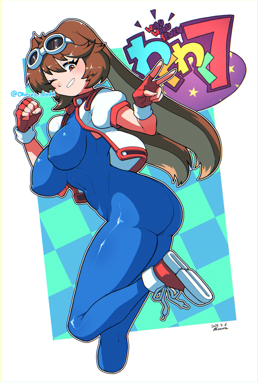 1girl absurdres animal_ears ass bob_cut breasts brown_eyes brown_hair checkered_background copyright_logo covered_erect_nipples covered_navel dated fingerless_gloves foot_out_of_frame gloves goggles goggles_on_head highres jacket large_breasts looking_at_viewer makihara_arina omura_zojiki one_eye_closed open_clothes open_jacket puffy_short_sleeves puffy_sleeves rabbit_ears shoes short-sleeved_jacket short_sleeves signature skin_tight smile sneakers solo v waku_waku_7