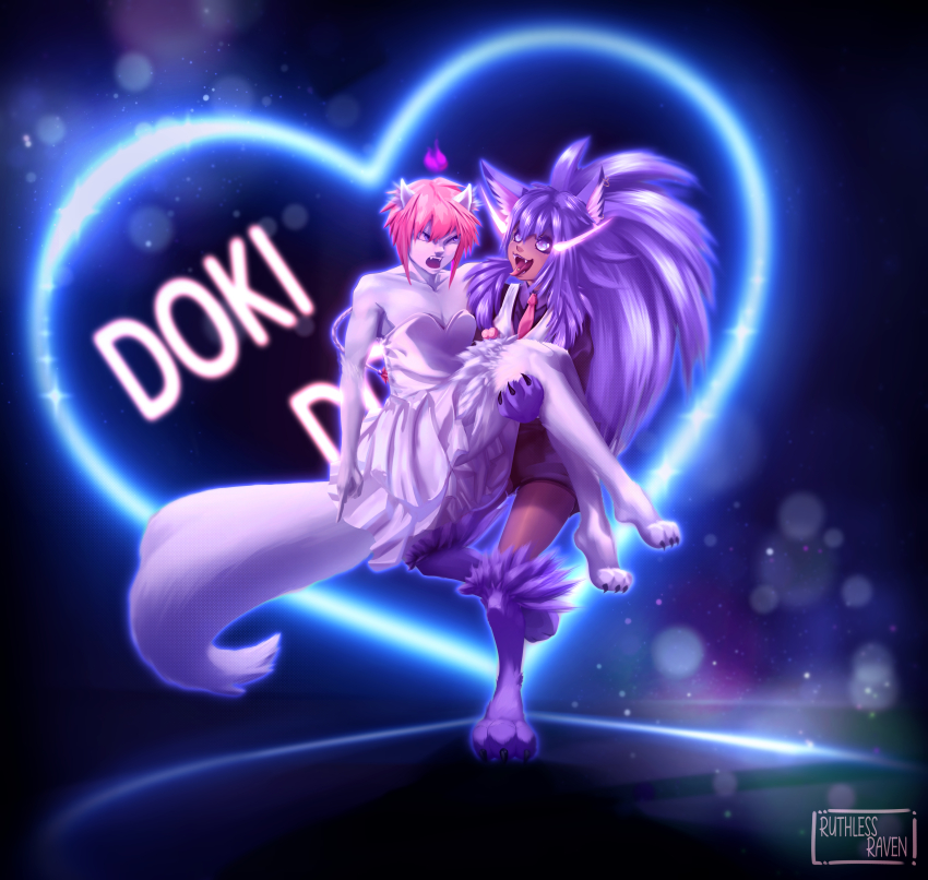 1boy 1girl absurdres angry animal_ears animal_hands beastkin carrying couple couples dress fire ghost_flame happy hellhound highres kidnapped kidnapping messy_hair monster_boy monster_girl original pale_skin piercing pink_hair ponytail princess_carry purple_eyes purple_fur purple_hair reverse_princess_carry role_reversal ruthless_raven_art shorts tail tan tie tongue tongue_out tongue_piercing bad_tag vest wedding_dress white_fur wild_hair wolf_ears wolf_tail