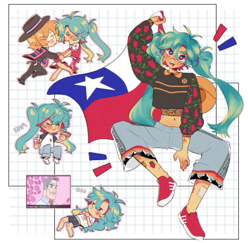 &gt;_&lt; 2girls 31_minutos :t apron aqua_hair arm_between_legs arm_up bandage_on_leg black_footwear black_pants black_shirt blush blush_stickers bright_pupils chewing chibi chile chilean_flag copihue crop_top dancing dark-skinned_female dark_skin denim dress eating eyebrow_piercing face-to-face face_piercing flag floral_print floral_print_dress flower flustered food food_in_mouth food_on_face grid_background hair_between_eyes hair_ornament hairclip hat hatsune_miku highres holding holding_flag hot_dog huaso imagining jeans jewelry kagamine_rin logo_print long_hair long_sleeves lying midriff mikurinkuwu mountain_print mouth_piercing multicolored_hair multiple_girls navel navel_piercing on_back orange_sticker pale_skin pants piercing poncho print_dress purple_hair red_dress red_flower red_footwear red_streaks ring scar scar_on_arm scar_on_face scar_on_leg shirt shoes short_hair smile sneakers spurs star-shaped_pupils star_(symbol) sticker sticker_on_leg straw_hat strawberry_sticker streaked_hair striped_poncho symbol-shaped_pupils terremoto_(drink) twintails vocaloid waist_apron white_footwear white_pupils worldwide_miku yuri