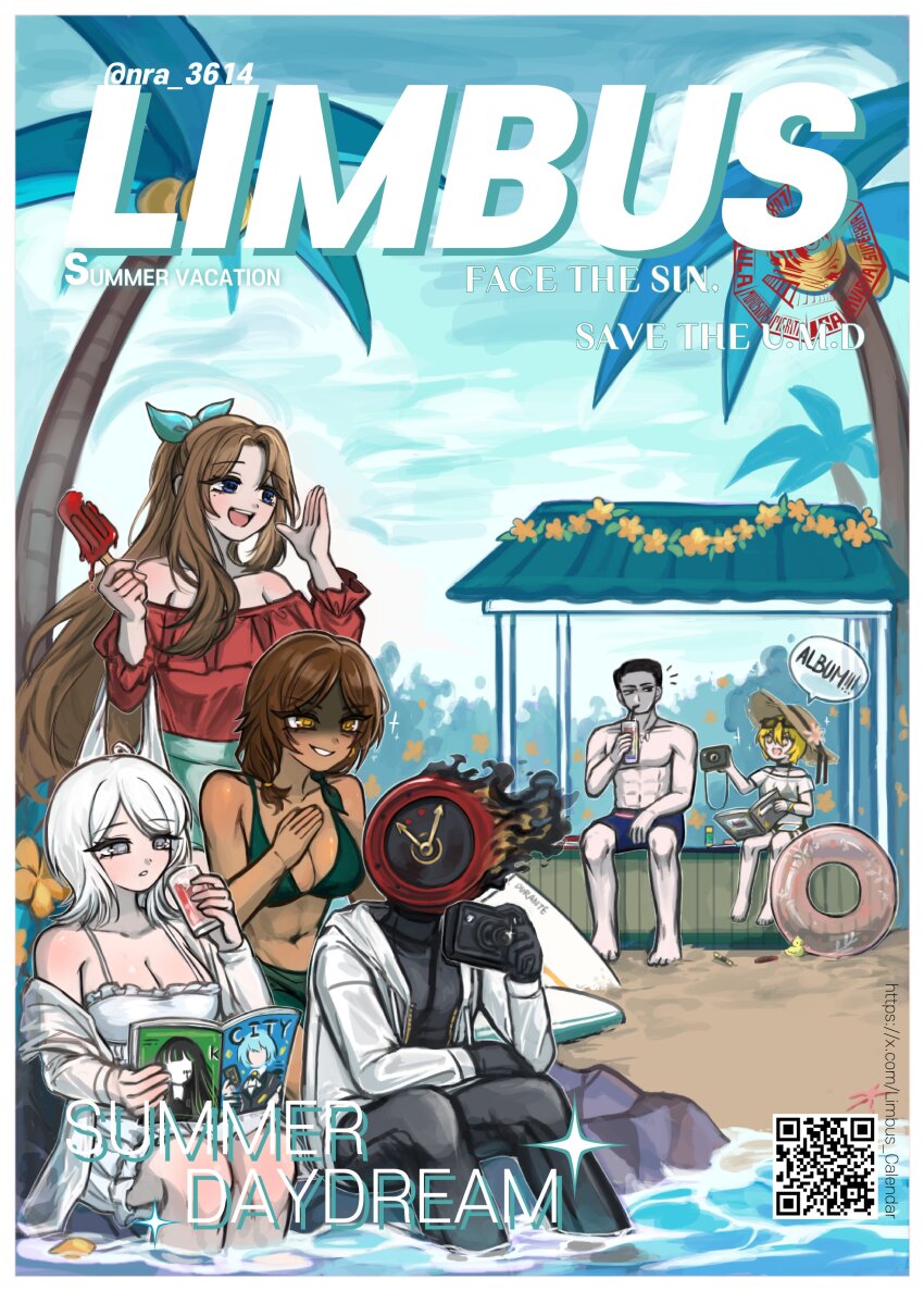 1boy 1other 4girls absurdres alfonso_(project_moon) angela_(project_moon) beach bikini blue_eyes brown_hair clock commentary_request dante_(limbus_company) don_quixote_(project_moon) dress faust_(project_moon) fire food grin hands_up highres innertube korean_commentary korean_text library_of_ruina limbus_company low_ponytail meursault_(project_moon) multiple_girls nra_3614 object_head off-shoulder_shirt off_shoulder open_mouth outdoors outis_(project_moon) pale_skin ponytail popsicle project_moon red_shirt rodion_(project_moon) second-party_source shaded_face shirt short_hair smile summer swim_ring swimsuit translation_request white_bikini white_dress white_hair white_shirt