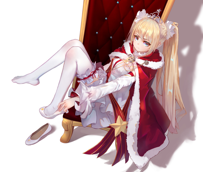 1girl alternate_costume amazon_(azur_lane) amazon_(little_orchestra)_(azur_lane) azur_lane blonde_hair blue_eyes c.mi cape chair commentary_request dress female_focus frilled_thigh_strap fur-trimmed_cape fur_trim highres long_hair long_sleeves looking_at_viewer pantyhose puffy_long_sleeves puffy_sleeves shoes sidelocks sitting solo thigh_strap tiara twintails unworn_shoes very_long_hair white_dress white_pantyhose