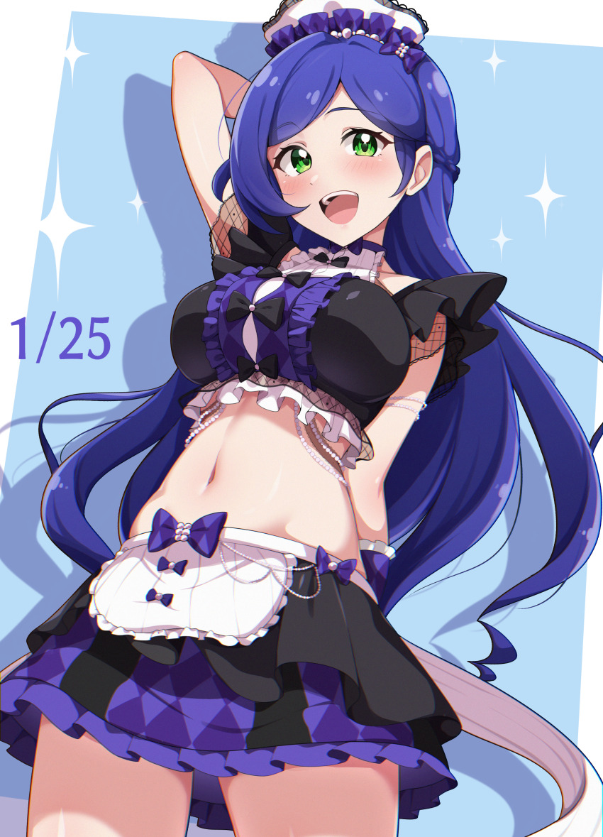 :d absurdres alternate_breast_size aoba_rinka arm_behind_back arm_behind_head arm_up black_shirt black_skirt blue_background blue_hair blush breasts checkered_clothes checkered_skirt cowboy_shot cropped_shirt dated dot_nose drop_shadow frilled_shirt frilled_skirt frills green_eyes happy_birthday highres kiratto_pri_chan large_breasts legs_apart long_hair looking_at_viewer midriff mujin_(mujinzairaisen) navel open_mouth pretty_series purple_skirt shirt short_sleeves skirt smile sparkle standing straight_hair teeth two-tone_skirt upper_teeth_only very_long_hair white_headdress
