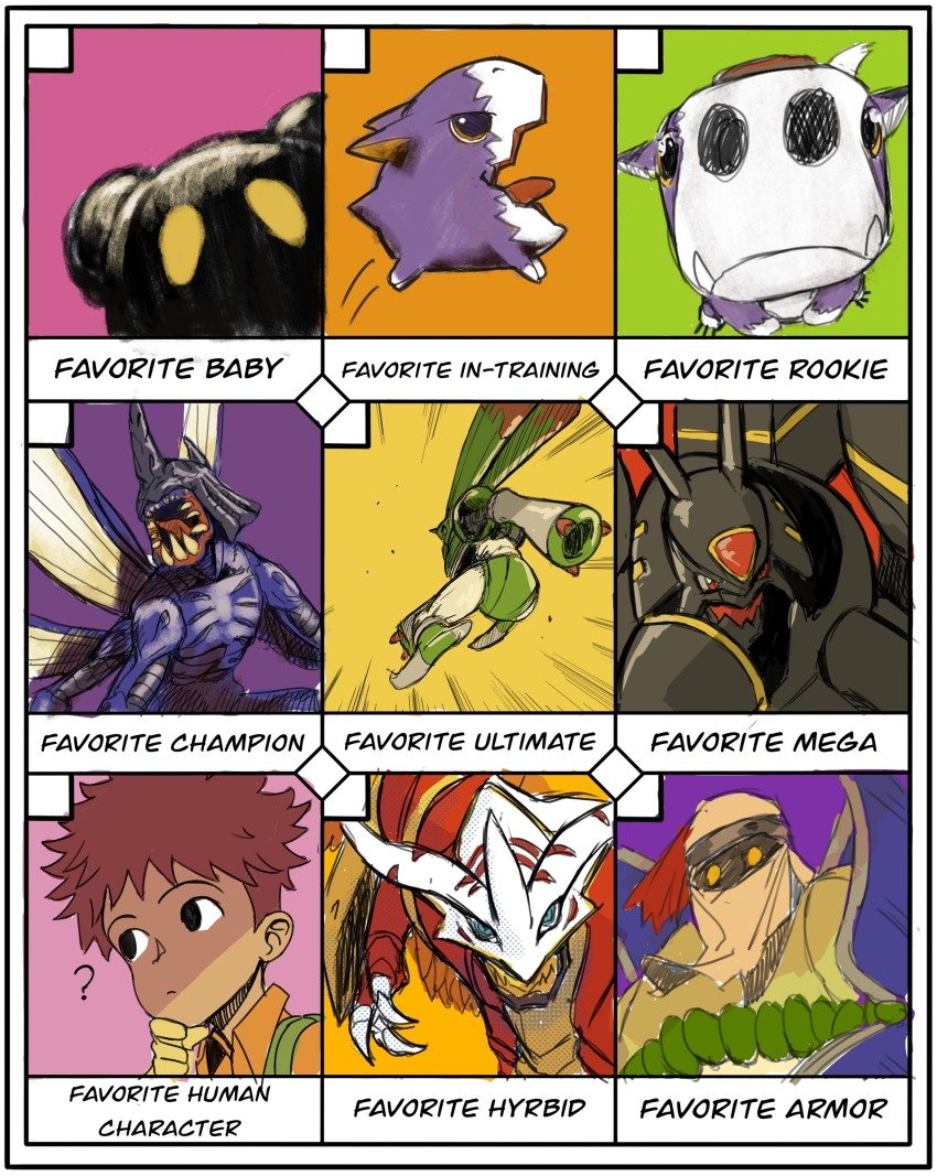 absurdres alphamon botamon digicore_interface digimon digimon_(creature) dorimon dorumon highres izumi_koshiro kabuterimon ninja rapidmon_(perfect) short_hair shurimon vritramon wings yellow_eyes