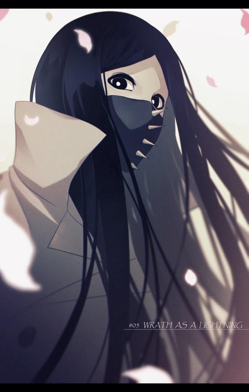 1girl as_nodt black_eyes black_hair bleach bleach:_sennen_kessen-hen commentary_request english_text grey_background high_collar highres jacket letterboxed long_hair looking_at_viewer mask mouth_mask petals solo spikes sumire_1046 upper_body very_long_hair white_jacket
