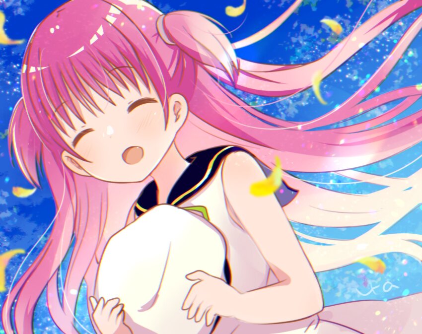 1girl :d ^_^ bare_shoulders blue_sailor_collar blue_sky blush closed_eyes commentary_request day dress dutch_angle facing_viewer falling_leaves fang floating_hair happy hat highres holding holding_unworn_clothes holding_unworn_hat katou_umi leaf light_particles long_hair open_mouth outdoors pink_hair sailor_collar sailor_dress sailor_hat signature sky sleeveless sleeveless_dress smile solo summer_pockets two_side_up unworn_hat unworn_headwear upper_body ura_(ura-tennislove) very_long_hair white_dress white_hat