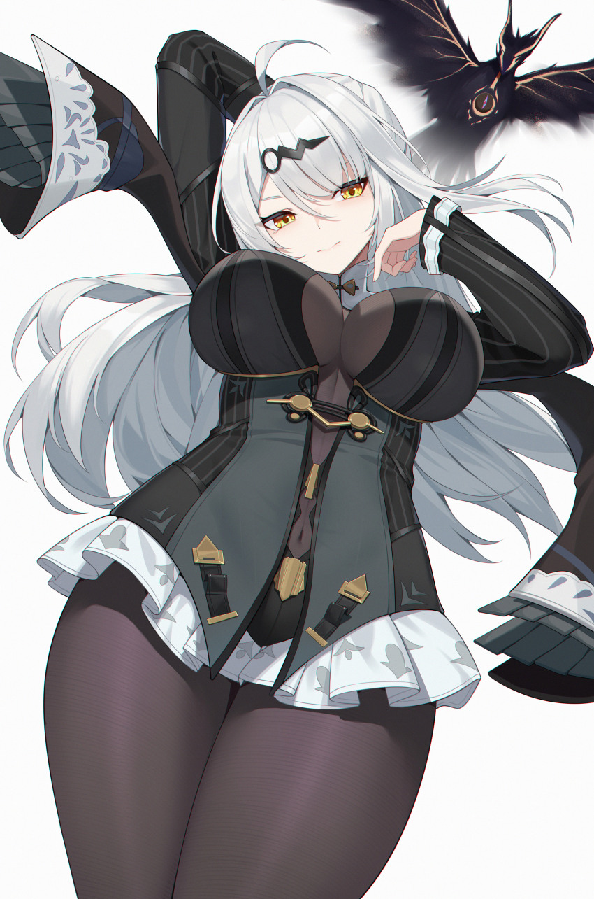 1girl absurdres ahoge bird black_bird black_dress black_pantyhose breasts chinese_commentary closed_mouth commentary_request covered_navel cowboy_shot dress hair_intakes hair_ornament highres large_breasts long_hair long_sleeves looking_at_viewer official_alternate_costume pantyhose short_dress simple_background solo thighs very_long_hair white_background wuren yellow_eyes yi_xuan_(trails_of_ink)_(zenless_zone_zero) yi_xuan_(zenless_zone_zero) zenless_zone_zero