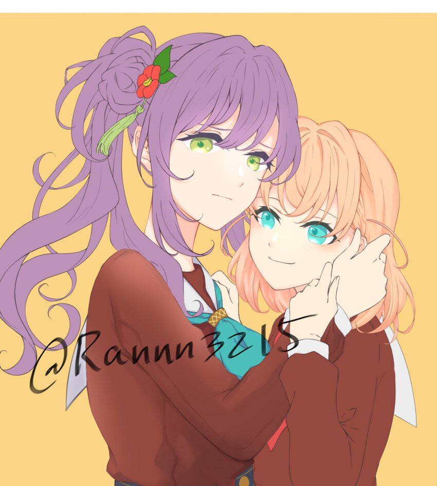 2girls aqua_neckerchief blue_eyes brown_dress cerise_bouquet closed_mouth commentary_request dress flower frown green_eyes hair_bun hair_flower hair_intakes hair_ornament hasu_no_sora_school_uniform highres hinoshita_kaho link!_like!_love_live! long_hair long_sleeves looking_at_another looking_at_viewer love_live! medium_hair multiple_girls neckerchief orange_hair otomune_kozue purple_hair ranmaro red_flower red_neckerchief sailor_collar sailor_dress school_uniform side_ponytail sidelocks simple_background single_side_bun smile tassel tassel_hair_ornament twitter_username two_side_up upper_body virtual_youtuber white_sailor_collar winter_uniform yellow_background