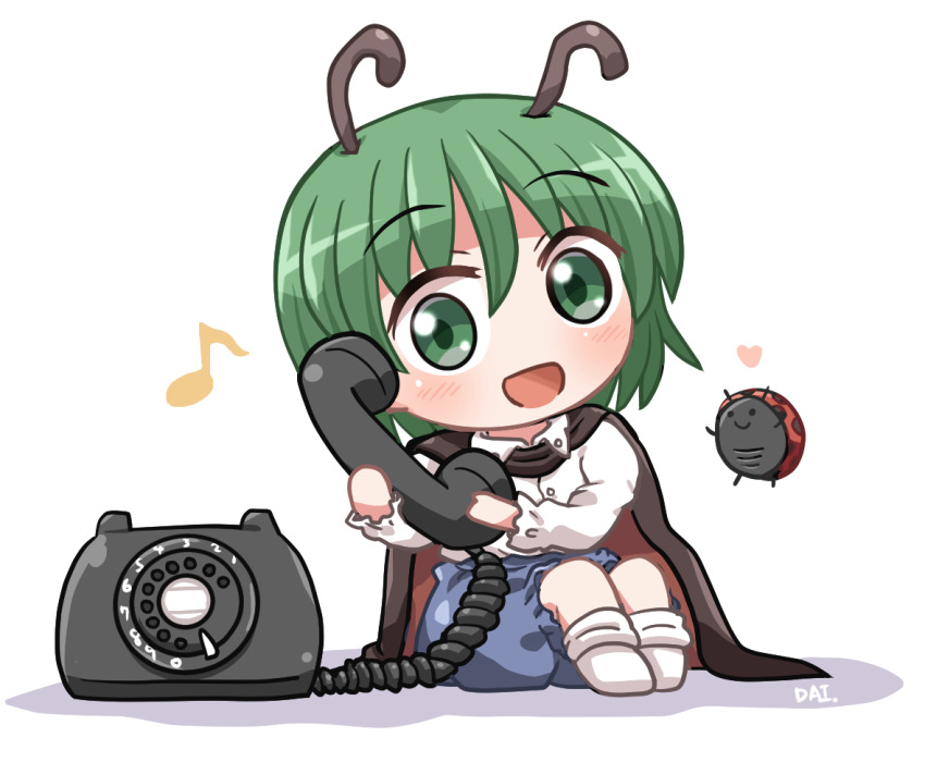 1girl :d antique_phone blue_pants bug cape commentary_request eighth_note full_body green_eyes green_hair heart holding holding_phone insect knees_up ladybug long_sleeves looking_at_viewer musical_note open_mouth pants phone rokugou_daisuke rotary_phone shirt short_hair signature simple_background sitting smile touhou white_background white_shirt wriggle_nightbug