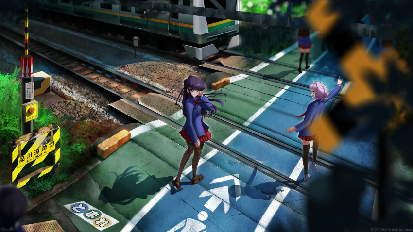 3girls absurdres arm_at_side black_pantyhose blazer blue_jacket blurry botttomtext bow bowtie brown_footwear crossing_guard depth_of_field diagonal_stripes grass gravel hand_in_own_hair heel_up highres jacket komi-san_wa_komyushou_desu komi_shouko loafers long_hair looking_at_viewer multiple_girls necktie pantyhose pleated_skirt pointing purple_hair railroad_crossing railroad_tracks red_bow red_bowtie red_necktie scenery shirt shoes skirt standing standing_on_one_leg striped thighband_pantyhose thighhighs train tree walking white_footwear white_shirt
