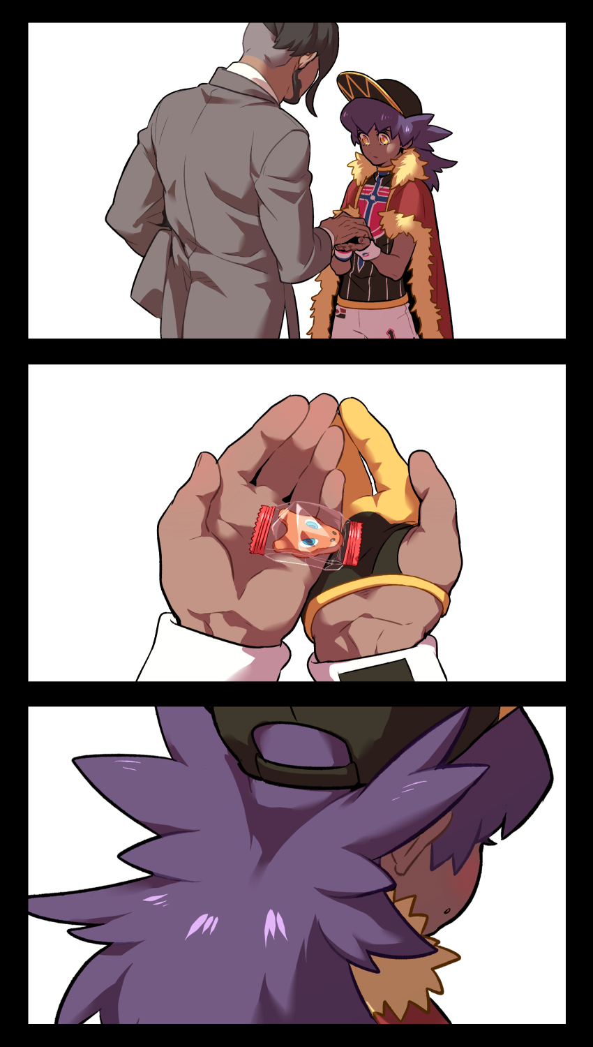 2boys 3koma absurdres aged_down black_hair business_suit cape champion_uniform charizard comic commentary dark-skinned_male dark_skin dynamax_band facial_hair formal_clothes fur-trimmed_cape fur_trim gen_1_pokemon gloves grey_jacket highres holding jacket leon_(pokemon) long_hair male_focus multiple_boys nintendo partially_fingerless_gloves pokemon pokemon_swsh purple_hair red_cape redlhzz rose_(pokemon) shield_print shirt single_glove suit sword_print symbol-only_commentary undercut white_background white_shirt yellow_eyes
