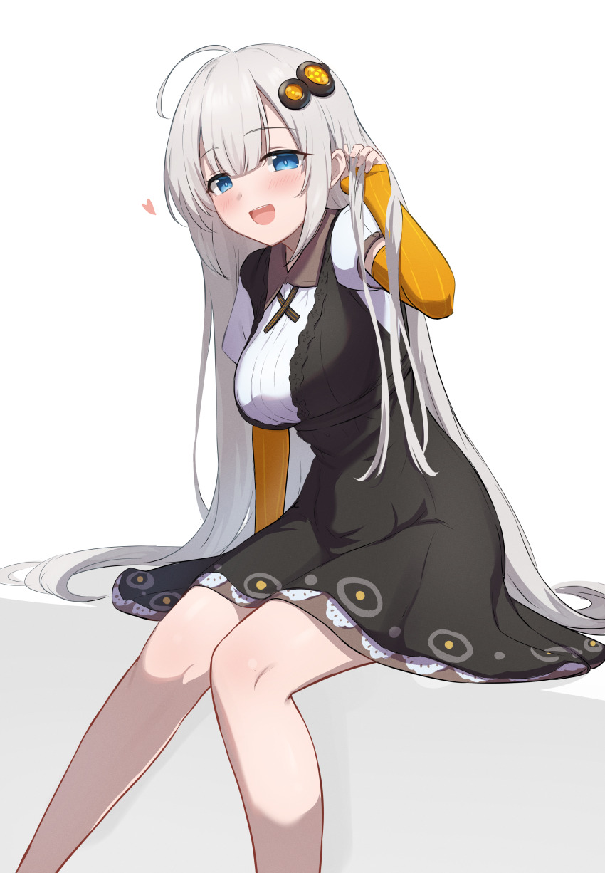 1girl :d absurdres ahoge black_dress blue_eyes breasts collared_dress commentary_request dress feet_out_of_frame gloves grey_hair hair_ornament hand_in_own_hair hand_up heart highres kizuna_akari knees_together_feet_apart large_breasts long_hair looking_at_viewer open_mouth orange_gloves puffy_short_sleeves puffy_sleeves ruttse shirt short_sleeves simple_background sitting smile solo striped_clothes striped_gloves vertical-striped_clothes vertical-striped_gloves very_long_hair voiceroid white_background white_shirt