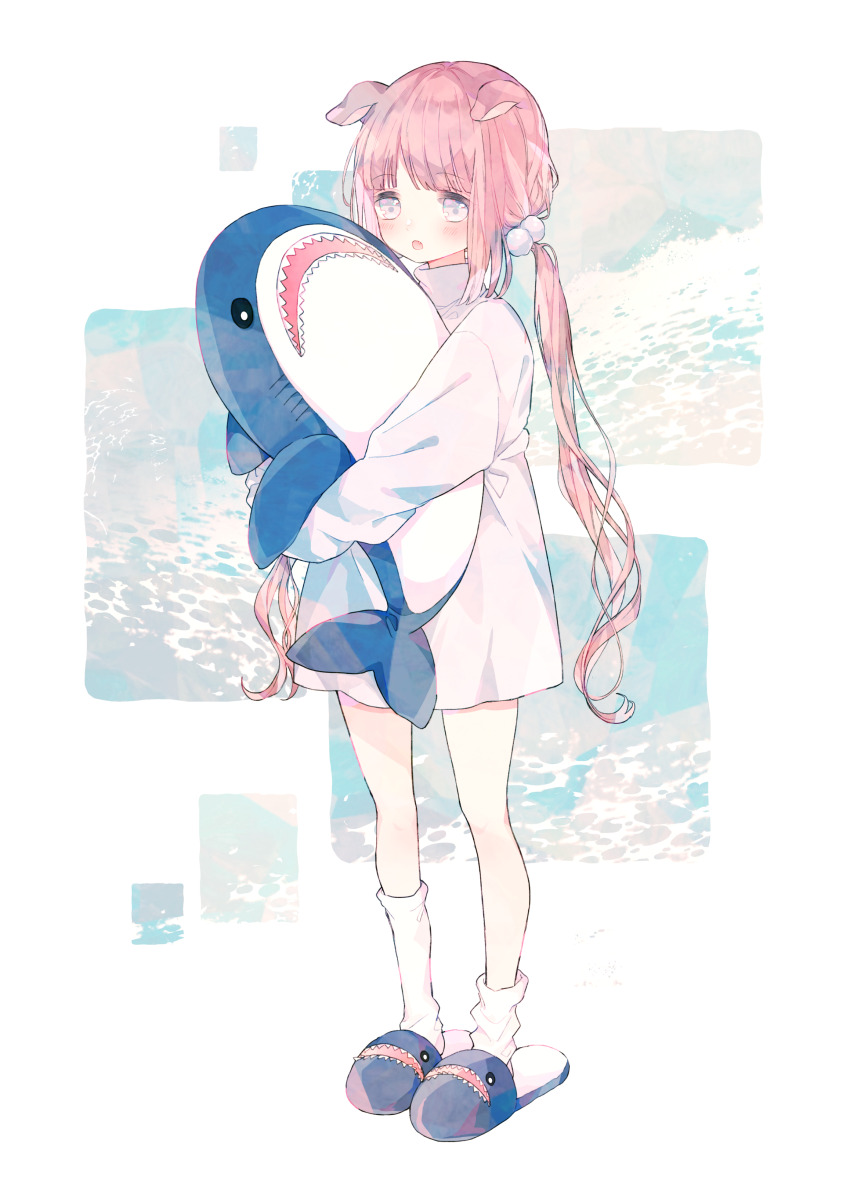 1girl absurdres animal_ears animal_slippers asymmetrical_legwear blue_slippers blush commentary dog_ears dress fang full_body hair_ornament highres hugging_object long_hair long_sleeves low_twintails open_mouth original pink_hair pom_pom_(clothes) pom_pom_hair_ornament slippers socks solo stuffed_animal stuffed_shark stuffed_toy tareme ting_(tingiiio) turtleneck turtleneck_dress twintails uneven_legwear white_dress white_eyes white_socks