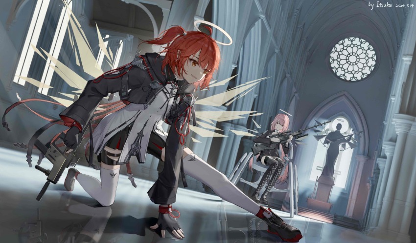 absurdres angel_wings arknights black_boots black_gloves boots exusiai_(arknights) exusiai_the_new_covenant_(arknights) fingerless_gloves gloves gun halo highres itsuka_(pixiv90988220) kriss_vector lace-up_boots lemuen_(arknights) official_alternate_costume official_alternate_hairstyle pink_eyes pink_hair red_eyes red_hair side_ponytail submachine_gun thigh_boots thighhighs weapon wheelchair white_thighhighs wings