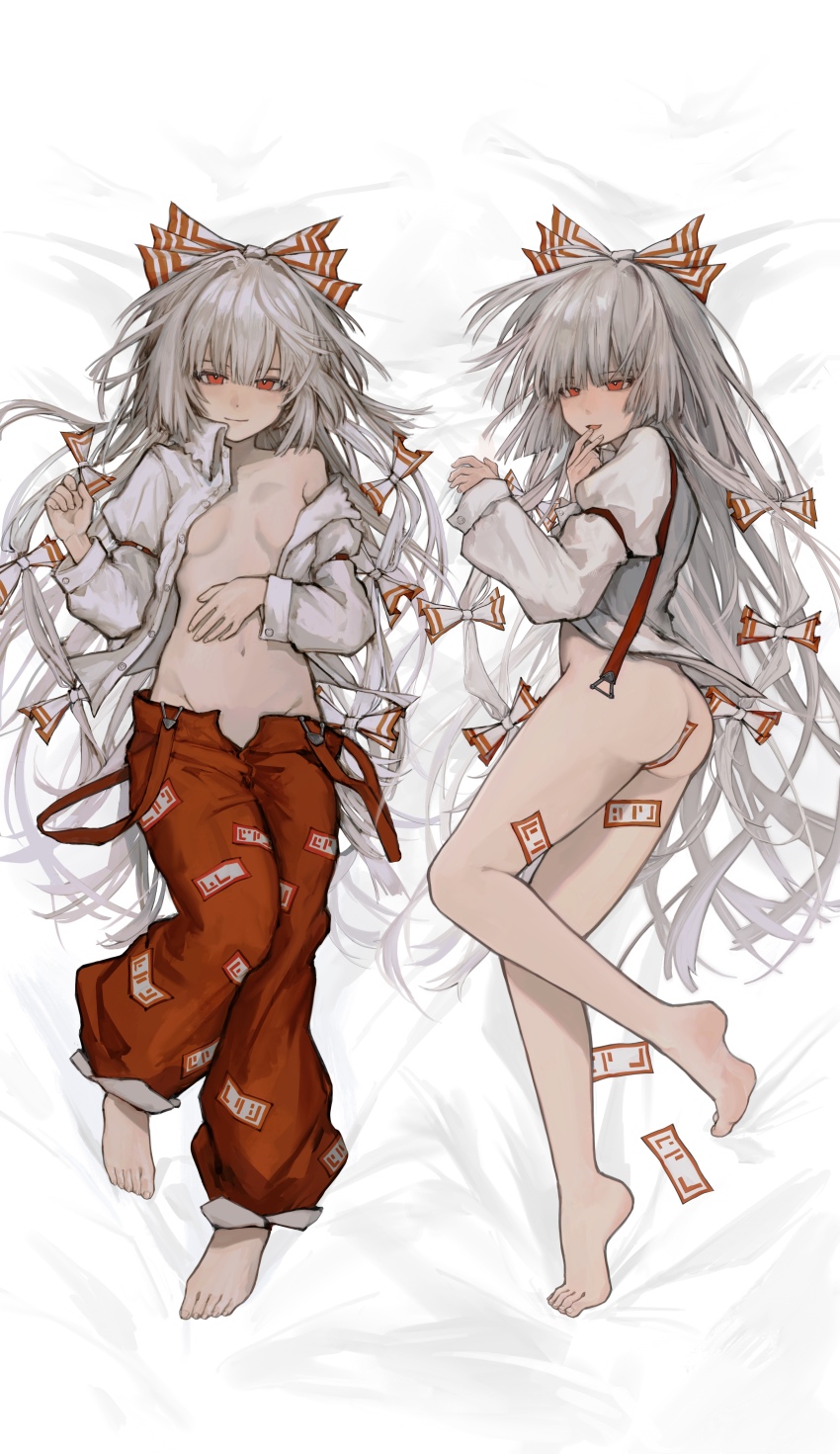 1203527227 1girl absurdres barefoot blush bottomless bow breasts closed_mouth dakimakura_(medium) dress_shirt fingers_to_mouth fujiwara_no_mokou full_body grey_hair hair_bow highres long_hair long_sleeves looking_at_viewer lying multicolored_bow multiple_hair_bows multiple_views navel no_bra off_shoulder on_back on_side open_clothes open_mouth open_shirt pants red_bow red_eyes red_pants shirt small_breasts solo suspenders touhou very_long_hair white_bow white_shirt