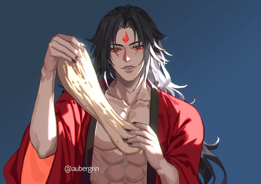 1boy abs arm_up aubergrin black_hair black_nails blue_background chinese_clothes collarbone commentary curtained_hair dough english_commentary facial_mark fingernails food forehead_mark hand_up hanfu highres holding holding_food long_fingernails long_hair looking_at_viewer luo_binghe male_focus open_clothes parted_bangs parted_lips pectorals red_eyes red_hanfu renzha_fanpai_zijiu_xitong sidelocks sleeves_rolled_up solo stretching teeth toned toned_male twitter_username upper_body wide_sleeves zuiyin