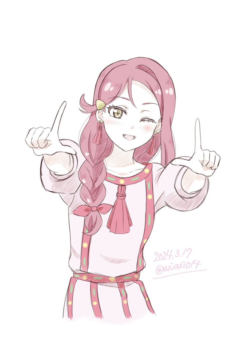 1girl aziazi014 blush braid commentary_request cropped_torso dated dress earrings genjitsu_no_yohane hair_over_shoulder highres index_fingers_raised jewelry long_hair long_sleeves looking_at_viewer love_live! love_live!_sunshine!! one_eye_closed open_mouth pink_dress red_hair riko_(genjitsu_no_yohane) sakurauchi_riko single_sidelock solo twitter_username upper_body white_background yellow_eyes