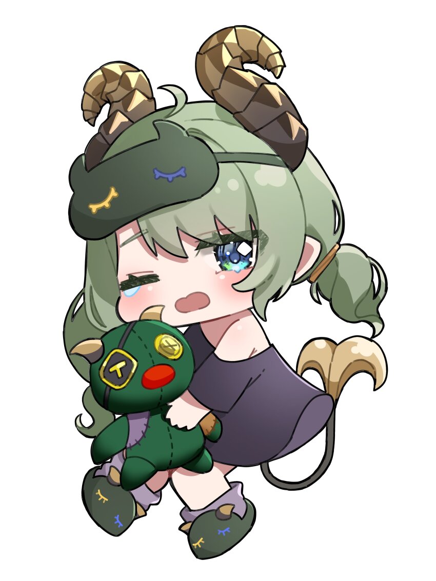 1girl absurdres ahoge black_shirt blue_eyes blush brown_horns chibi commentary curled_horns demon_girl demon_horns demon_tail full_body green_slippers grey_socks highres holding holding_stuffed_toy horns looking_at_viewer low_twintails medium_hair nanashi_inc. off_shoulder one_eye_closed open_mouth sekishiro_mico shirt simple_background sleep_mask slippers socks solo stuffed_demon stuffed_toy tail tamotsu_(mary) twintails virtual_youtuber white_background