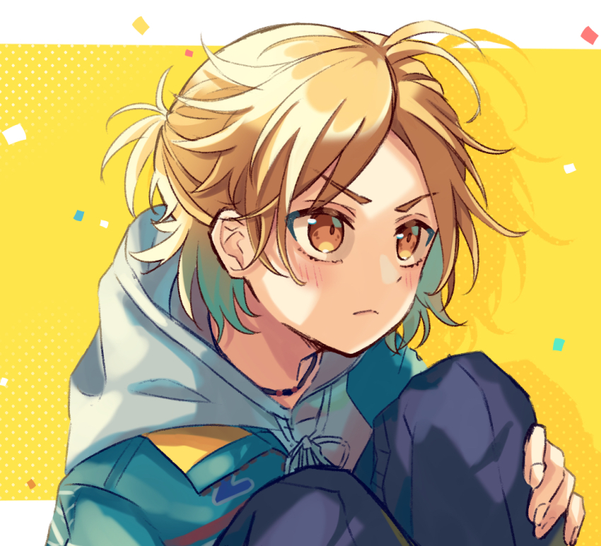 1boy black_pants blonde_hair blue_jacket closed_mouth commentary_request confetti drop_shadow feet_out_of_frame frown grey_hoodie hand_on_own_leg hood hoodie jacket jewelry kokuhaku_jikkou_iinkai looking_ahead male_focus mokomokoloa necklace pants shibasaki_aizou short_hair solo v-shaped_eyebrows yellow_background