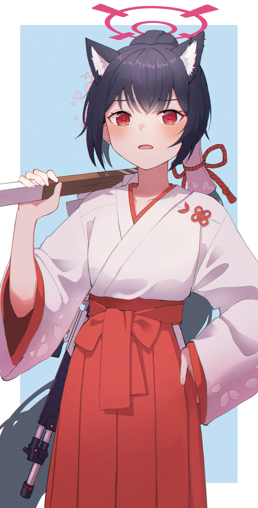 1girl absurdres animal_ear_fluff animal_ears assault_rifle beretta_ar70/90 blue_archive blue_background blue_hair border cat_ears dark_blue_hair gohei gun hakama hakama_skirt halo hand_on_own_hip haraegushi highres holding japanese_clothes kimono long_sleeves looking_at_viewer miko oonusa parted_lips ponytail red_eyes red_skirt rifle serika_(blue_archive) serika_(new_year)_(blue_archive) simple_background skirt solo weapon weapon_on_back white_border white_kimono wide_sleeves yoonnong