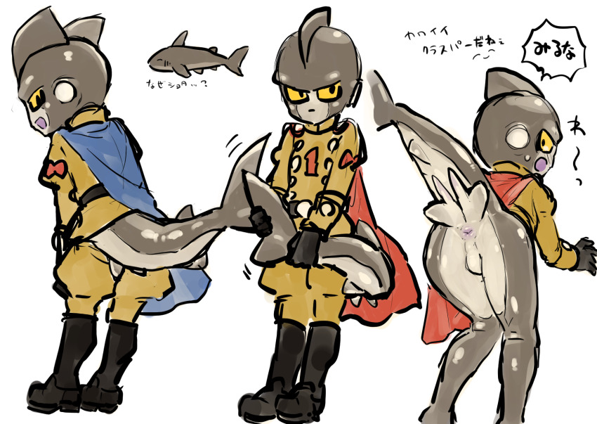 2boys aged_down android anus ass belt bent_over black_belt black_boots black_gloves blue_cape boots brothers cape cetacean_tail colored_sclera colored_skin completely_nude dolphin_boy dragon_ball dragon_ball_super dragon_ball_super_super_hero embarrassed fins fish_tail gamma_1 gamma_2 gloves grey_skin hand_up head_fins highres holding holding_own_tail jacket long_sleeves looking_at_viewer looking_back looking_to_the_side male_focus multicolored_skin multiple_boys multiple_views no_eyebrows nude number_print obata2nd open_mouth pants puffy_long_sleeves puffy_pants puffy_sleeves red_cape red_ribbon_army shota siblings sideways_glance simple_background speech_bubble surprised tail testicles turtleneck turtleneck_jacket twins two-tone_skin white_background white_skin yellow_jacket yellow_pants yellow_sclera