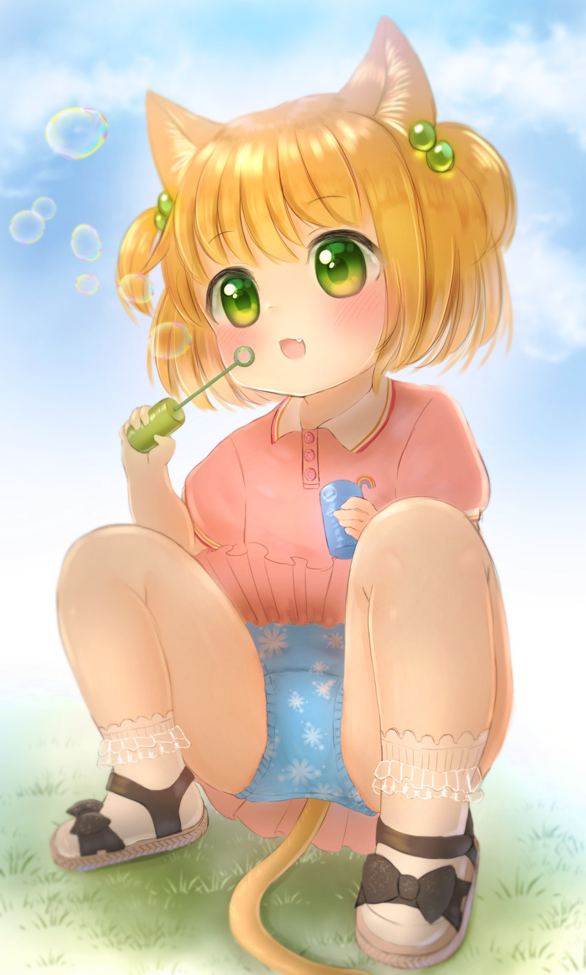 1girl :3 animal_ears black_bow blowing_bubbles blue_panties blush bow brown_sandals bubble bubble_wand cat_ears cat_girl cat_tail clothes_lift cloud crotch_seam dress dress_lift fang flat_chest floral_print footwear_bow grass green_eyes hair_bobbles hair_ornament holding lace lace-trimmed_legwear lace_trim niwaniwatori open_mouth orange_hair original panties pink_dress print_dress print_panties rainbow_print sandals short_hair short_sleeves short_twintails sky smile socks squatting tail twintails underwear white_socks