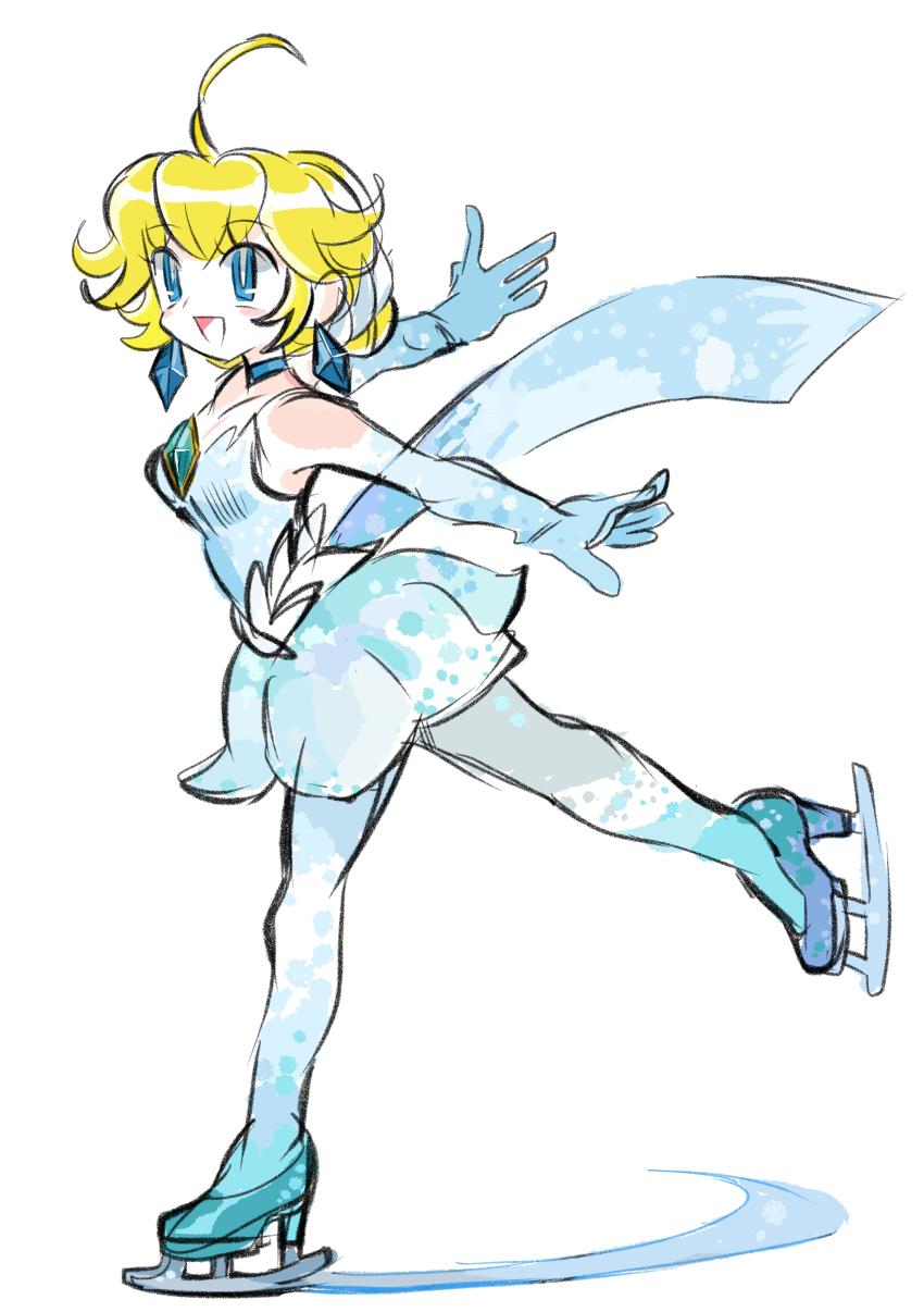 1girl absurdres blue_dress blue_eyes breasts cleavage dress eyelashes figure_skater_peach figure_skating figure_skating_dress full_body highres ice_skates ice_skating mario_(series) nintendo official_alternate_hairstyle pantyhose princess_peach princess_peach:_showtime! rakugaki_shitagari-ya skates skating smile snowflakes solo strapless strapless_dress