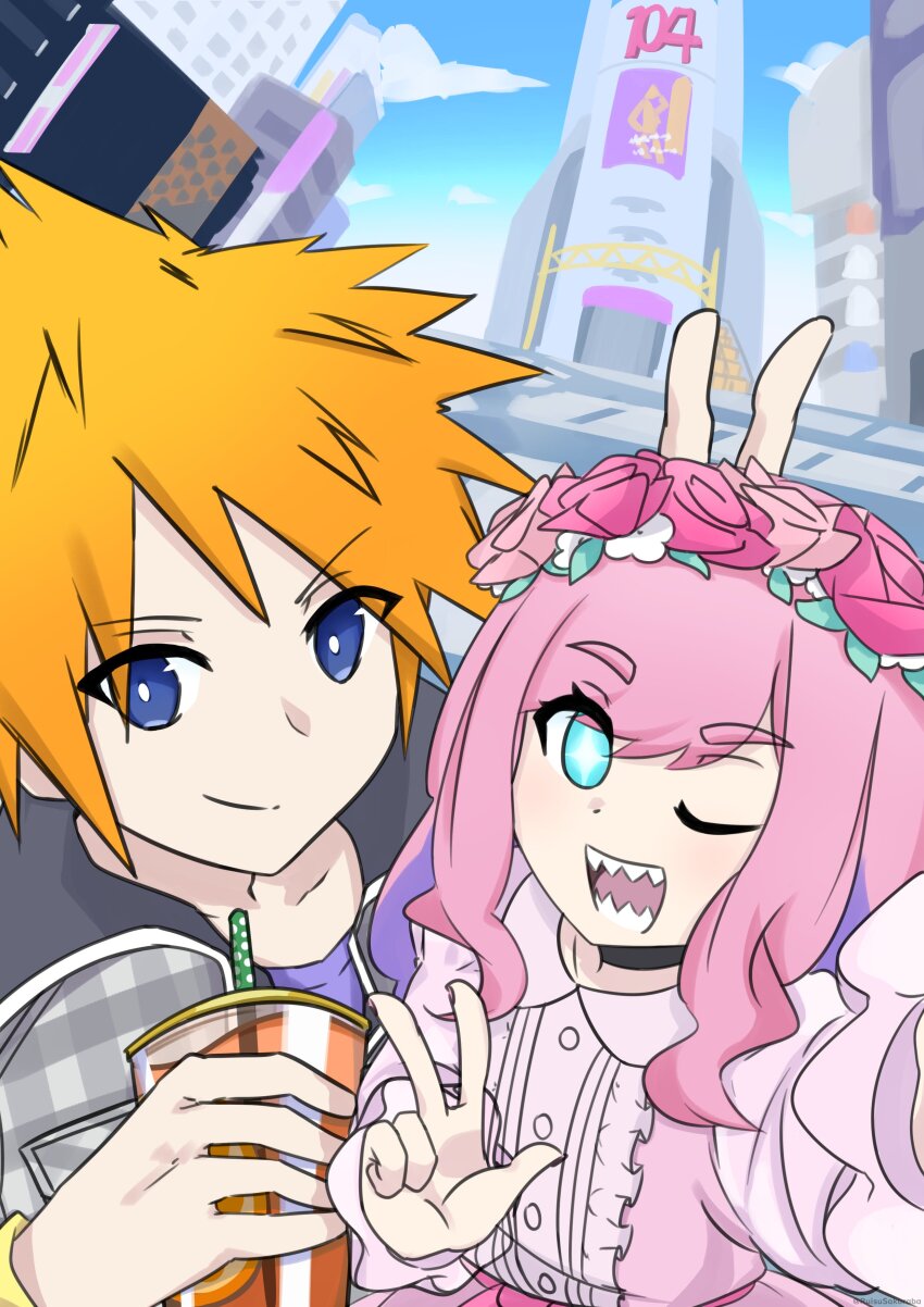 1boy 1girl absurdres atarashi_coco blue_eyes blue_sky city collar dress drink eyebrows_hidden_by_hair flower hair_flower hair_ornament highres holding holding_drink one_eye_closed orange_hair outdoors peace_symbol pink_dress pink_hair purple_shirt sakuraba_neku sharp_teeth shibuya_(tokyo) shin_subarashiki_kono_sekai shirt sky spiked_hair straw subarashiki_kono_sekai teeth tokyo_(city) wink