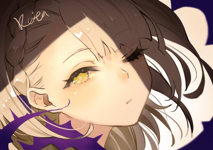 1girl bad_id bad_twitter_id blunt_bangs blush braid briar_rose_(sinoalice) close-up hair_ribbon highres hoshizaki_reita one_eye_closed parted_lips plant ribbon signature simple_background sinoalice sleepy thorns vines yellow_eyes