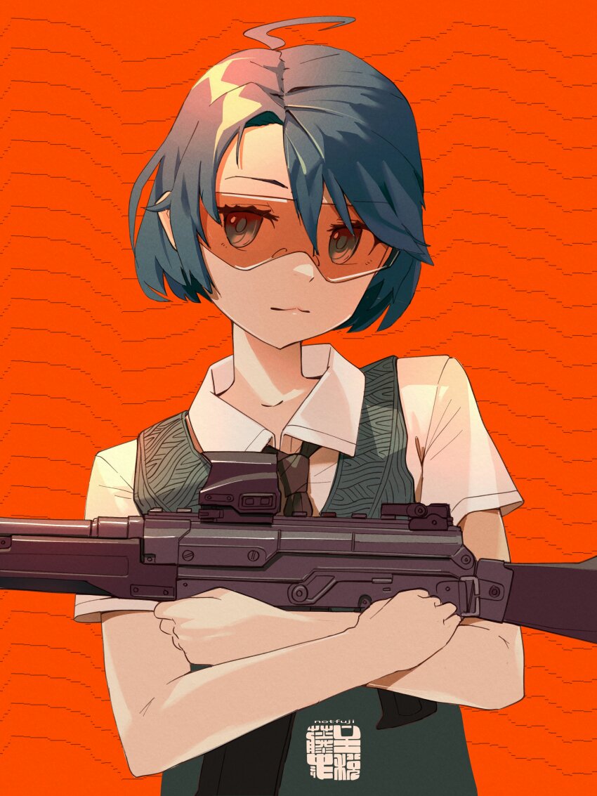 1girl absurdres ahoge black_necktie blue_vest closed_mouth collared_shirt crossed_arms gun highres holding holding_gun holding_weapon hugging_object necktie notfuji optical_sight orange-tinted_eyewear original red_background safety_glasses shirt short_hair short_sleeves solo submachine_gun tinted_eyewear vest weapon white_shirt