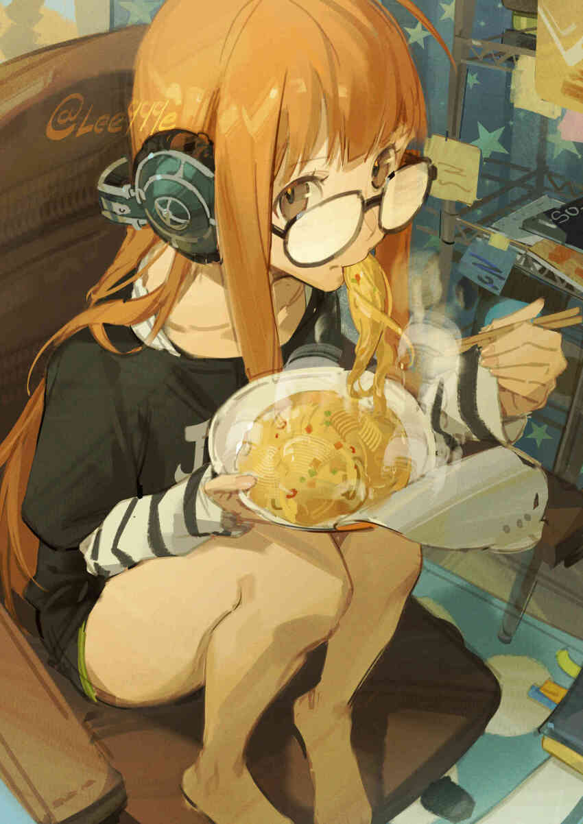 1girl ahoge barefoot black-framed_eyewear black_shirt black_shorts blunt_bangs brown_eyes chair chopsticks collarbone eating feet_on_chair food glasses hashtag-only_commentary headphones highres indoors instant_ramen layered_sleeves lee999nine long_hair looking_at_viewer neon_trim noodles office_chair orange_hair persona persona_5 print_shirt ramen sakura_futaba shelf shirt shorts sidelocks sitting solo star_(symbol) steam sticky_note straight_hair striped_clothes striped_shirt swivel_chair very_long_hair white_shirt