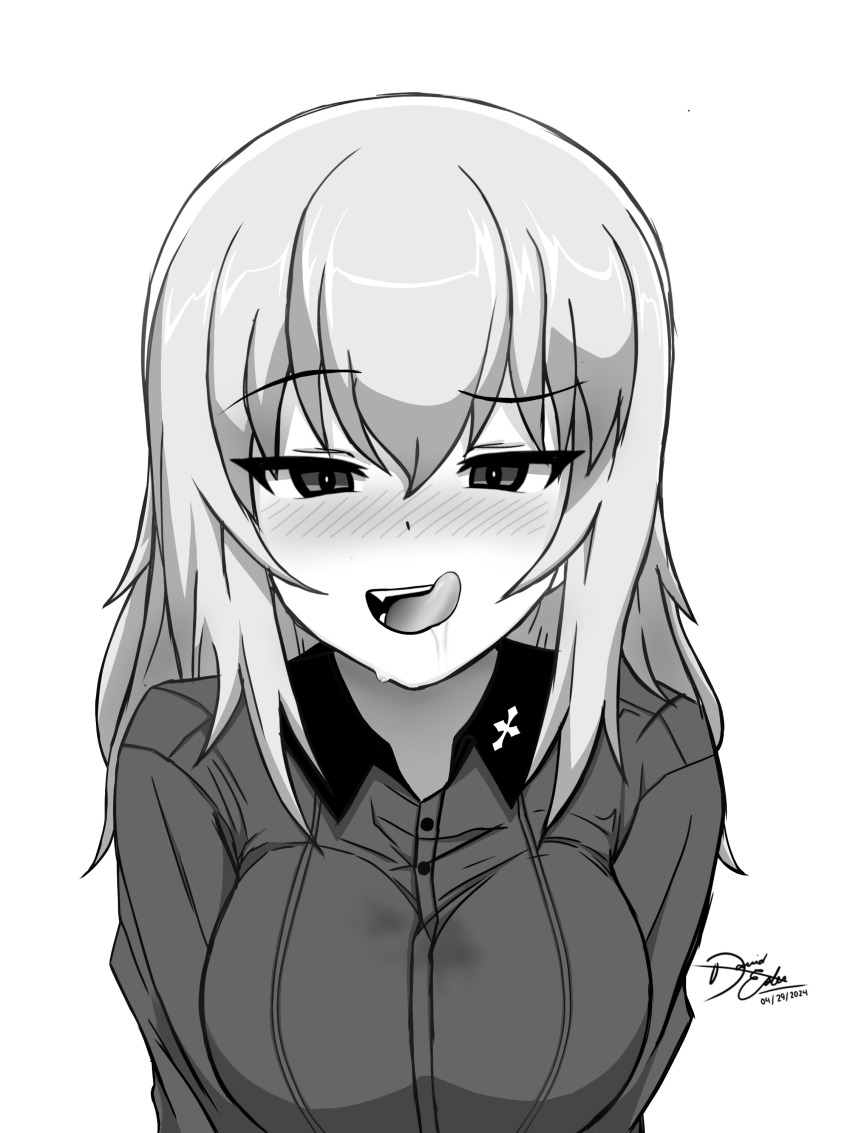 1girl absurdres artist_name blush breasts commentary commentary_request dated drooling emblem fang girls_und_panzer greyscale half-closed_eyes highres insignia itsumi_erika kd_esler kuromorimine_(emblem) kuromorimine_school_uniform leaning_forward looking_at_viewer medium_breasts monochrome mouth_drool naugh naughty_face raised_eyebrows saliva saliva_on_breasts school_uniform seductive_smile sexually_suggestive shirt signature smile solo suggestive_fluid tongue tongue_out wet wet_clothes wet_shirt wet_spot