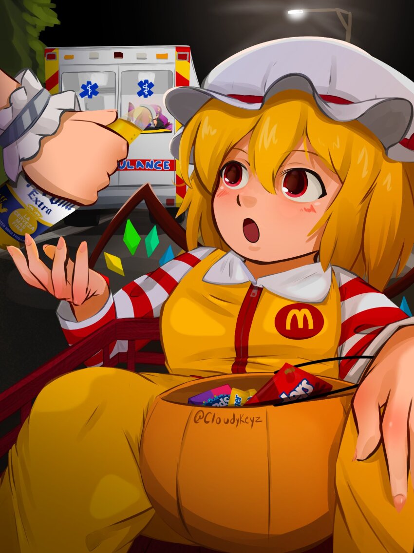 2girls :o ambulance beer_bottle blonde_hair butterfinger_(candy) candy character_request cloudykeyz commentary corona_(brand) cosplay crescent crescent_hair_ornament english_commentary fern_(sousou_no_frieren) fern_(sousou_no_frieren)_(cosplay) flandre_scarlet food hair_ornament halloween halloween_bucket halloween_costume hat highres in_shopping_cart lamppost mcdonald&#039;s mob_cap modelo_(beer) multiple_girls nerds_(candy) open_mouth out_of_frame patchouli_knowledge purple_hair red_eyes road ronald_mcdonald ronald_mcdonald_(cosplay) shopping_cart sitting sousou_no_frieren touhou twitter_username twizzlers wings wrist_cuffs