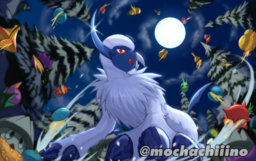 :o absol berry_(pokemon) bright_pupils claws commentary fang from_below game_freak gen_3_pokemon gen_4_pokemon mochachiiino moon night nintendo no_humans open_mouth outdoors pokemon pokemon_(creature) red_eyes sky slicing snover tree watermark white_pupils