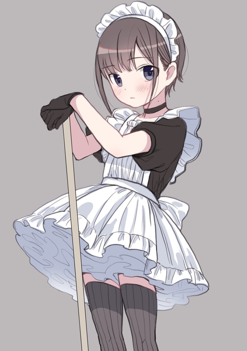 1boy black_choker black_gloves black_hair blue_eyes blush choker crossdressing crossdressing_(mtf) dress gloves grey_background highres looking_at_viewer maid maid_headdress male_focus mole mole_on_neck original piko_(pixiv) ribbed_legwear simple_background solo thighhighs trap