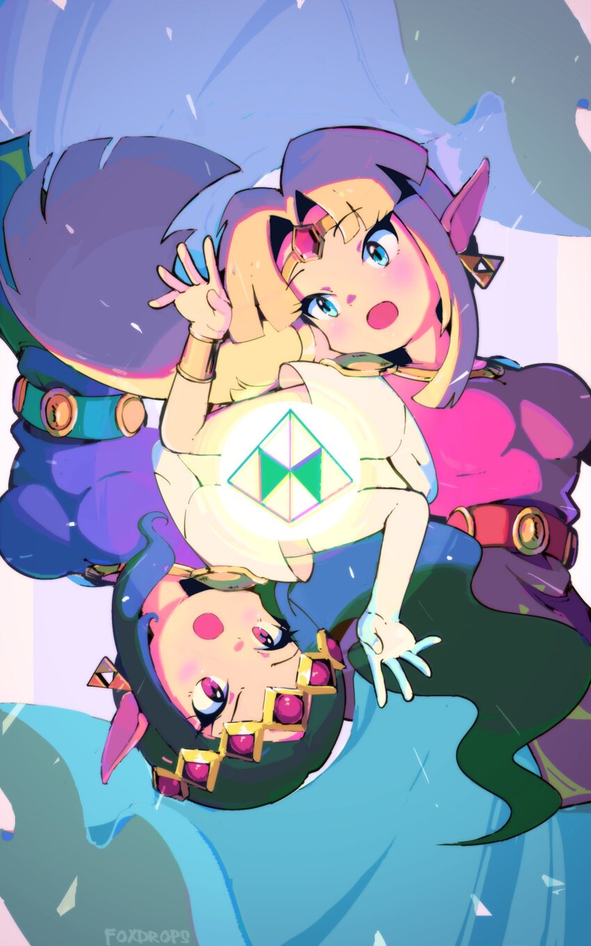 2girls absurdres artist_name blonde_hair blue_eyes circlet dress earrings elbow_gloves foxdropsdraws gloves highres jewelry long_hair multiple_girls nintendo pink_dress pointy_ears princess_hilda princess_zelda purple_dress purple_hair red_eyes the_legend_of_zelda the_legend_of_zelda:_a_link_between_worlds triforce