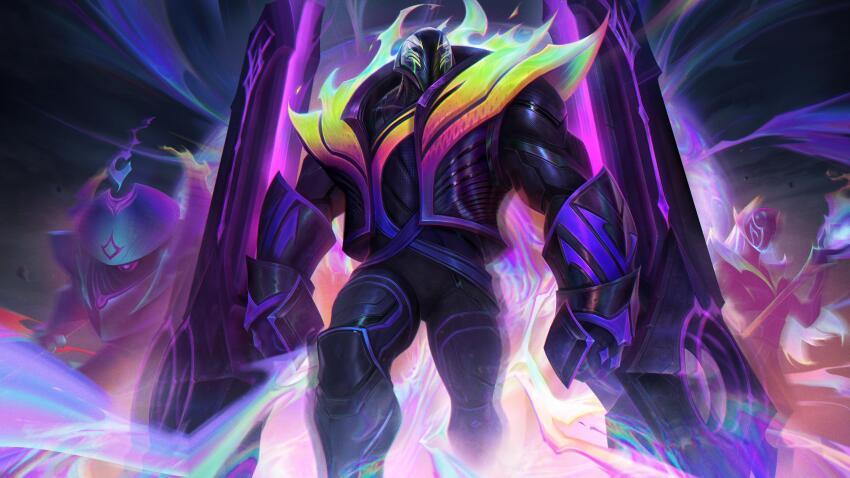 1girl 2boys absurdres artist_request black_bodysuit bodysuit dual_wielding empyrean_jax empyrean_lux facing_viewer feet_out_of_frame fiery_clothing highres holding jax_(league_of_legends) k&#039;sante_(league_of_legends) large_hands league_of_legends looking_at_viewer lux_(league_of_legends) male_focus mask motion_blur multiple_boys muscular muscular_male official_alternate_costume pants prestige_empyrean_k&#039;sante solo_focus walking