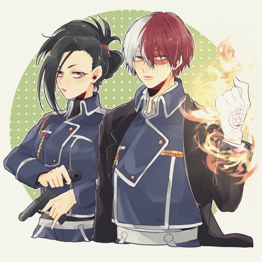 10s 1boy 1girl amestris_military_uniform bad_id bad_pixiv_id black_coat black_hair blue_eyes boku_no_hero_academia coat cosplay dual_wielding earrings fire folded_ponytail fullmetal_alchemist gloves grey_eyes gun handgun heterochromia highres hiyoko_(prism.) holding jewelry long_hair looking_at_viewer multicolored_hair pistol red_hair riza_hawkeye riza_hawkeye_(cosplay) roy_mustang roy_mustang_(cosplay) todoroki_shouto two-tone_hair weapon white_gloves white_hair yaoyorozu_momo