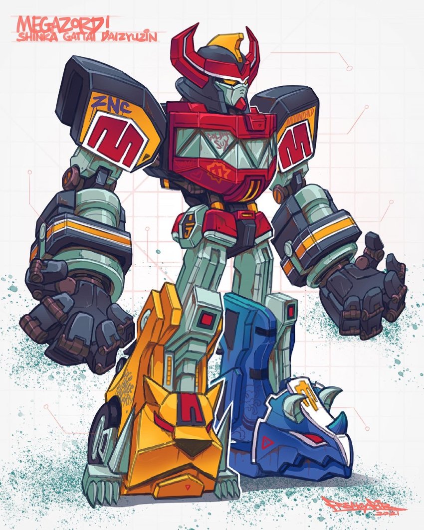 character_name chibi commentary daijuujin daizyuzin dino_megazord english_commentary freakyfir grey_background highres horns kyouryuu_sentai_zyuranger mecha mighty_morphin_power_rangers no_humans open_hands power_rangers robot science_fiction solo standing super_robot super_sentai tokusatsu yellow_eyes