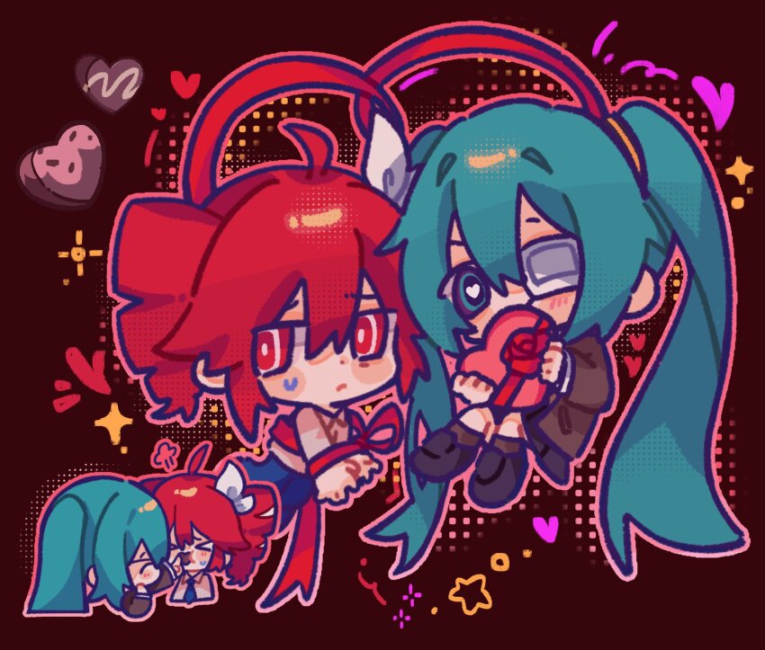 ataman_ita_(synthesizer_v) black_skirt blue_eyes blue_hair blue_necktie bow box box_of_chocolates brown_hair brown_shoes brown_socks chibi chibi_only closed_eyes closed_mouth collared_shirt eyepatch hair_between_eyes hair_bow hatsune_miku heart-shaped_box highres jacket kasane_teto kasane_teto_(sv) long_hair medical_eyepatch monitoring_(vocaloid) moochaakaka necktie one_eye_covered red_eyes red_ribbon ribbon shirt shoes skirt socks star-shaped_pupils star_(symbol) sweatdrop symbol-shaped_pupils synthesizer_v twintails utau valentine vocaloid white_bow wing_collar
